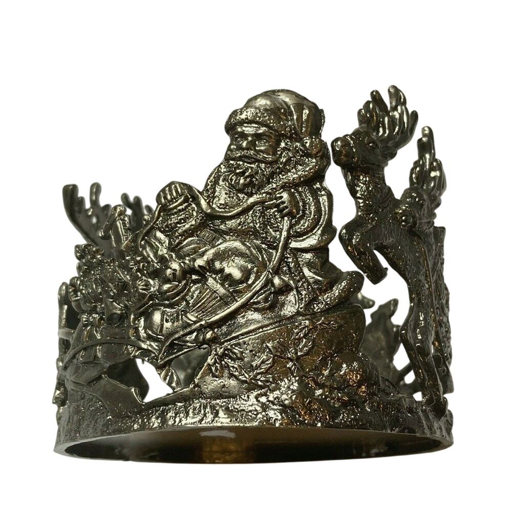 Pewter Santa Reindeer‎ Sleigh Christmas Candle Holder Round Metal 3.5 Inch